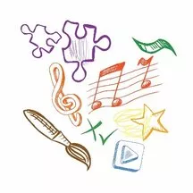 Drawing of a paint brush, music notes and a puzzle.