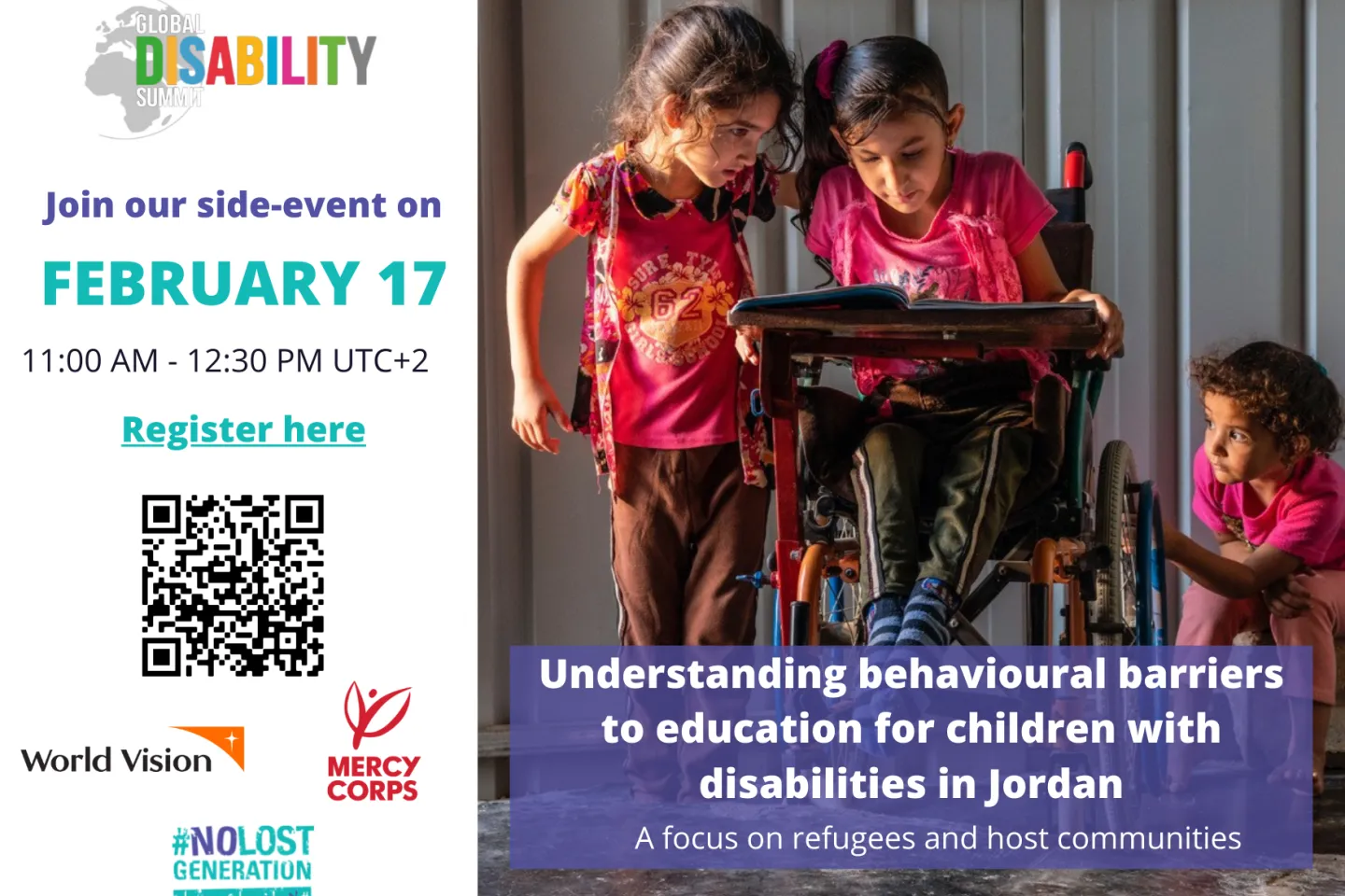 The Save the Dates shows the date and registration link on the left and a picture of three girls in a classroom, one of them being in a wheelchair.