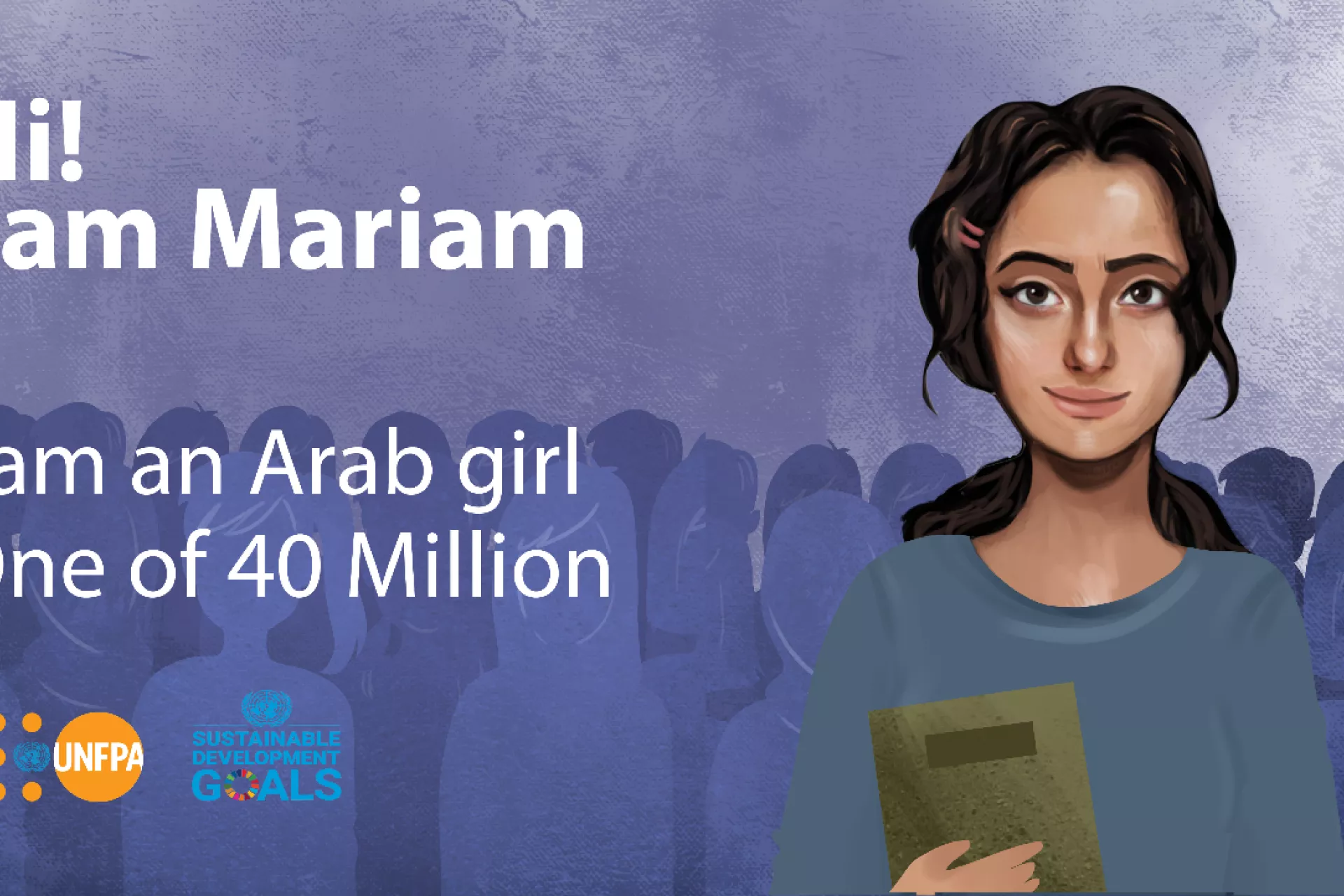 A female character holding a book, with an undistinct crowd behind