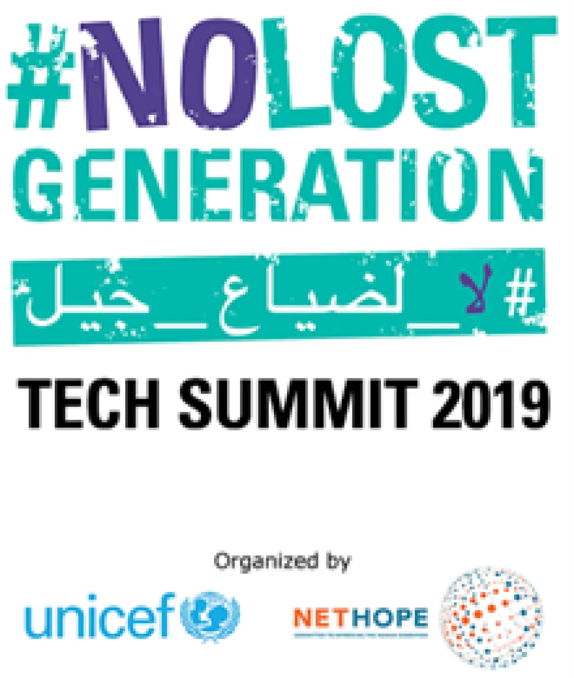 No Lost Generation logo with "Tech Summit 2019" written below. Below are the logos of the organizers UNICEF and NetHope