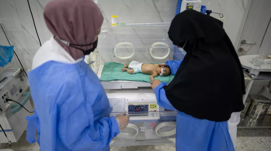 Medical staff attend to newborn babies, including those born prematurely at Idlib's maternity hospital, which is fully-funded by UNFPA. The hospital has delivered over 400 babies in the month following the earthquakes that hit Syria and Türkiye on 6 February 2023.