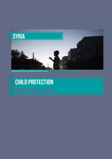 The cover has a small picture of a boy in a street at night, with the title "Syria child protection assessment 2013" in white on a water green rectangle. The overall background is dark grey.