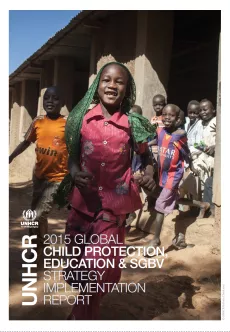 The cover shows a group of children running outside, with UNHCR logo on the bottom left and vertical as well as the title of the report is white.