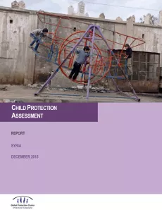 The cover shows a picture of three kids playing on an outdoor space, with a purple background and the title "Child Protection Assessment". Below is the logo of Child Protection Sub Cluster in Turkey at the bottom left corner.