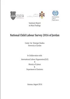Front page of the National child labour survey 2016 of Jordan with logos of the Center for Strategic Studies, ILO, Ministry of Labour and Department of Statistics