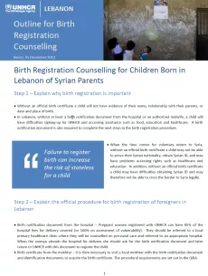 The first page has a header divided in two: on the left side is the title "Birth registration counselling for children born in Lebanon of Syrian parents" with UNHCR logo, on the right side is a picture of children playing a room. Below is the text, including a blue rectangle with a quote.