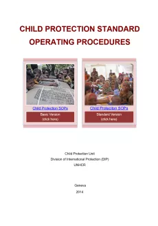 The cover shows the title "Child protection standard operating procedures" in brown on top with two pictures of child protection SOP publications with UNHCR division and the date below.