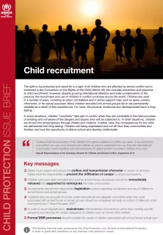 The first page of the brief has a picture of children running outside at dawn, we can't see their faced. Below is the text of the brief. On the left side, there is a vertical red bar with "Child protection issue brief" written vertically and UNHCR logo on the top left corner.