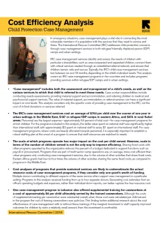 The first page of the brief has the title "Cost efficiency analysis: Child protection case management" in black on a yellow background. Below is the text with a small picture of a woman and a boy smiling outside a shelter.