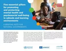 The briefing shows the title "Promoting and protecting mental health in schools and learning environments" on the left side on a blue background. On the right side is a picture of a teenage girl sitting at a school desk. At the bottom are logos from WHO, UNESCO and UNICEF.