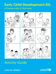 The cover shows nine illustrations of parents playing with their children. They are displayed on a blue cover.