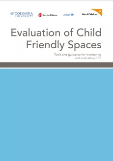 The cover shows the logos of Columbia University, Save the Children, UNICEF and World Vision on a white background with the title of the report in brown. The lower part of the report is in light blue.