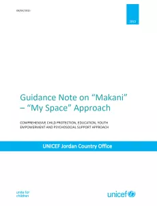 The cover of the report shows the title "Guidance note on "Makani" - "My Space" approach" in blue on a white background. The cover has a few subtitles in blue and the logos of UNICEF on both bottom corners.