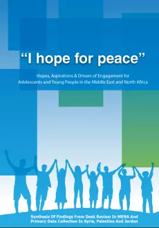 The cover is an illustration of the silhouettes of a group of young people raising their hands, in a background made of blue and green squares