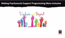 War Child's presentation on making psychological support more inclusive - first slides includes a shows of hands with smiles saying "to inclusion and beyond!"