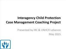 The first slide shows the title "Interagency child protection case management coaching project" on a white background. A blue icon with a girl and a boy surrounded by two hands is displayed at the bottom left corner.