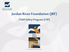 The first slide shows the title of the presentation with Jordan River Foundation logo and a small picture of a girl playing with a wooden pyramid