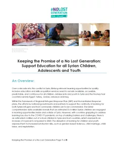The first page of the report shows three small pictures of children and youth at school with the overview of the report below