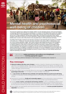 The first page shows a picture of a girl playing with a skipping rope and surrounded by children outside on top. Below is the beginning of the brief and on the left side there is a vertical banner saying "Child protection issue brief" with the logo of UNHCR on the top left corner.