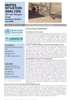 The first page of the situation analysis has a picture of two kids playing in the desert. On the left side, there is vertical bar with the title, the date and the logos of WHO and UNHCR