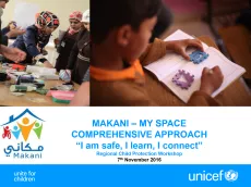The first slide shows two pictures: one of a group of female teenagers doing creative work around a table and one of a girl drawing in a notebook using moulds. Below the picture is the title of the presentation and Makani logo. 