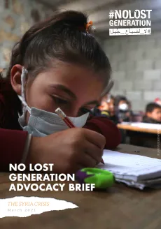A young girl is wearing a ask and writing on her notebook while in class