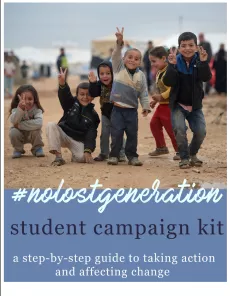The cover shows a picture of two girls and four boys in a refugee camp outside, smiling and doing the peace and love sign with their hands.