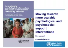 Moving towards more scalable psychological and PSS interventions PowerPoint presentation featuring the cover of a report