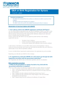 The first page has the UNHCR logo on the top left side. The title "Q&A on birth registration for Syrians" is a blue rectangle with the date below. The text follows, including a blue rectangle with the aim of the document at the top.