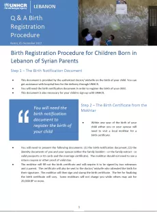 The first page has a header with the title "Q&A Birth Registration Procedure" on the top left side with UNHCR logo and "Lebanon" written. On the top right side is a picture of children playing in a room. Below is the text of the Q&A including one quote in a dark blue rectangle.