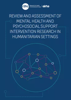 Review and assessment of MHPSS intervention research in humanitarian settings cover with a colorful logo of a network of points