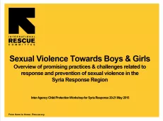 The first slide of the presentation shows international rescue committee logo on the top left corner and the title of the presentation on a yellow background