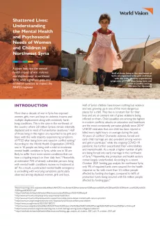 The first page shows a young girl wearing a pink dress outside in a camp, and the beginning of the policy brief text in two columns
