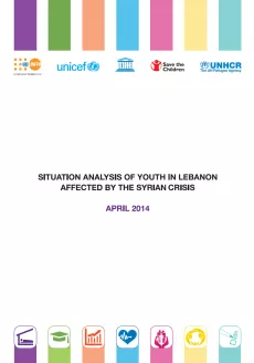 The cover shows the title "Situation analysis of youth in Lebanon affected by the Syrian crisis" on a white background. At he bottom and at the top there are seven small rectangles of color. At the bottom below the rectangles are the logos of UNFPA, UNICEF, UNESCO, STC and UNHCR and at the bottom are logos representing health, education, shelter and protection among others.