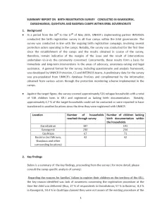 The cover shows the first page of the document with the title "SUMMARY REPORT ON BIRTH REGISTRATION SURVEY CONDUCTED IN KAWEGORSK, DARASHAKRAN, QUSHTAPA AND BASIRMA CAMPS WITHIN ERBIL GOVERNORATE" on top in capital letters. The rest of the document is text and a table of the households surveyed. 