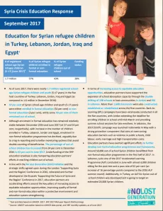 Syria Crisis Education Response cover with four girls smiling and looking outside a window
