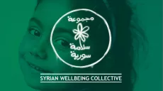 Powerpoint of the Syrian Wellbeing Collective with a girl smiling on a green background