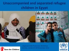 The first slide shows two pictures, one of a young girl smiling in a group and one of two boys in front of a wall where houses are drawn. The slide is blue and has the two logos of Save the Children and UNHCR in the bottom corners.