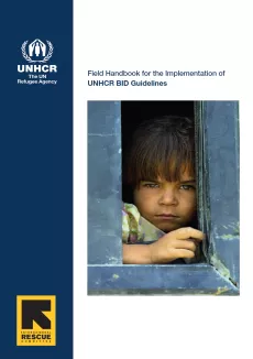 The cover shows a picture of a young boy through a window. On the left side there is a vertical dark blue column with the logos of UNHCR on the top and IRC at the bottom.