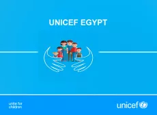 The cover shows an illustration of three adults and three children with two hands around them, on a bright blue background, with UNICEF Egypt written on top.