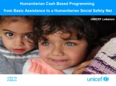 The first slide shows the title "Humanitarian cash based programming: from basic assistance to a humanitarian social safety net" on a blue background with a big picture of two young girls below
