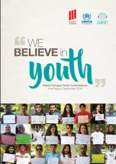 The cover shows the title with on the lower hand a series of portraits of adolescent girls and boys holding placards with "We believe in" and a text in different languages