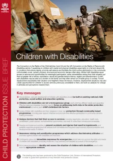 There is a picture of a teenage boy sitting in a wheelchair, in front of a tent where we can see another boy through the opening of the tent. The text of the brief is below. There is a red vertical column on the left side with the text "child protection issue brief" and the logo of UNHCR on the top left corner.