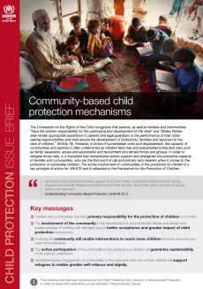 The first page of the brief includes a picture of an old man sitting with nine children who are studying in a tent. The text of the brief is below and there is a vertical bar with the text "child protection issue brief" and UNHCR logo on the top left corner.