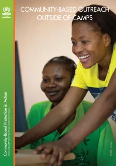 The cover shows one woman standing on front of a computer and one woman standing up and helping her. There is a green vertical bar on the left side with UNHCR logo on the top left corner.