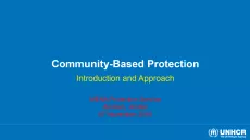 The first slide shows the title in white "Community-based protection" on a dark blue background