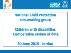 The first slide shows the logo of the child protection sub-working group on the top left and the logos of Handicap International and UNHCR on the top right. The title of the workshop is in blue on a white background with the date and location.