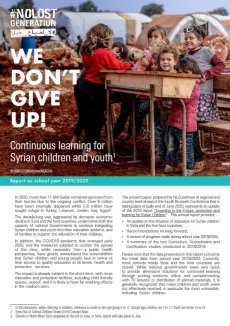 Cover with 7 girls sitting in front of a school table outside in a refugee camp