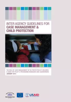 The cover shows a picture of a teacher and a girl writing on a desk. The title "Inter agency guidelines for case management and child protection" is in purple in a white rectangle. The picture has a series of little rectangles in pastel color and the overall background is light pink.