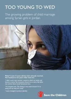 The cover shows a picture of a young girl wearing a blue veil covering her mouth. The background of the cover is blue with Save The Children logo on the bottom right corner.